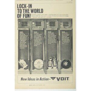 Lock In To The World Of Fun 1967 Voit Print Ad Football Basketball Shoes Bowling